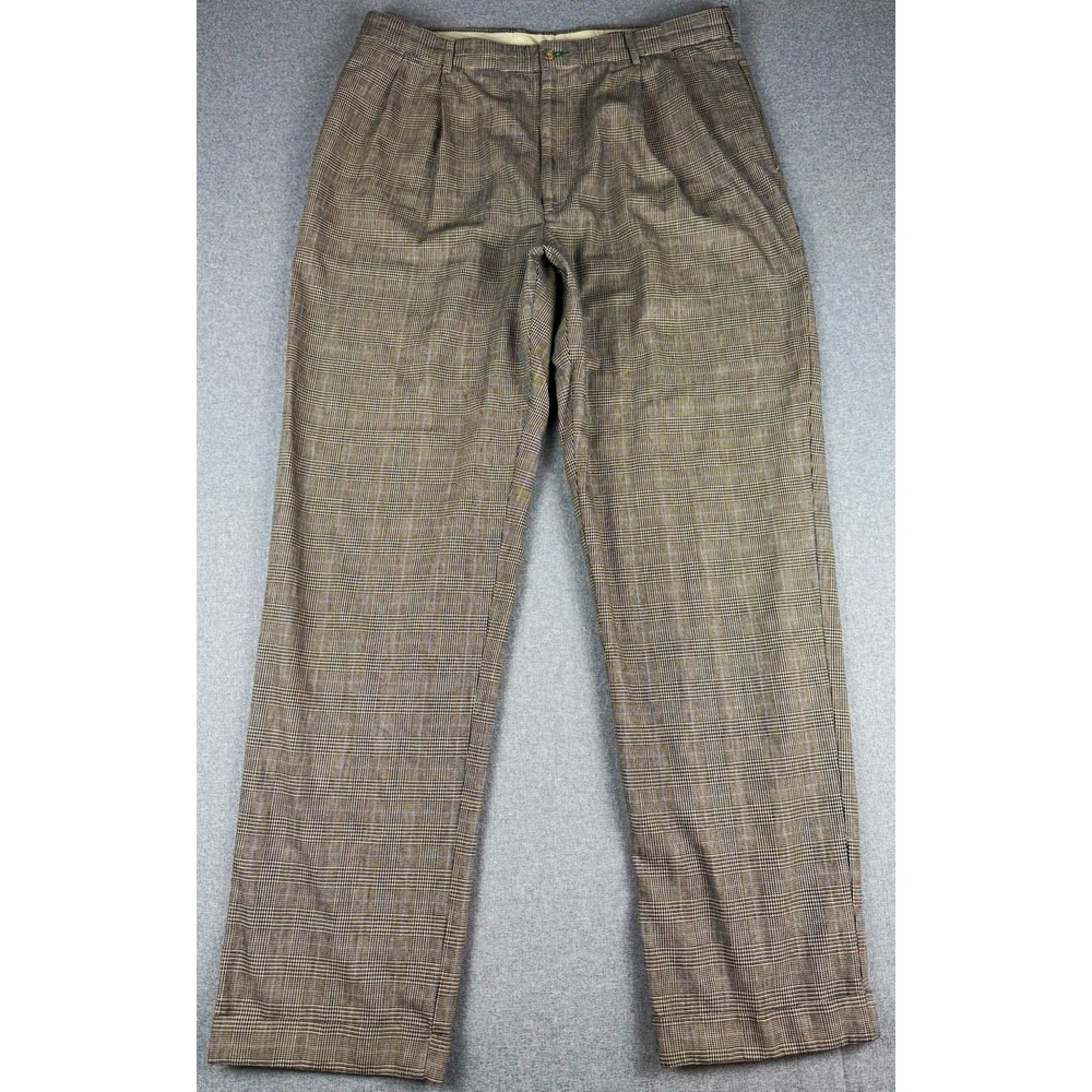 Tommy Hilfiger Mens 38x34 Glen Plaid Pleated Dress Pants Brown Vintage